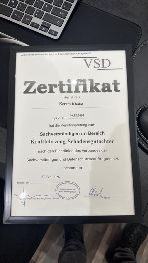 VSD-Zertifikat für Kfz-Wertgutachten von Kerem Khalaf